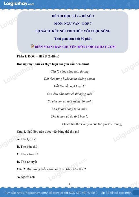 Đề thi học kì 2 Văn 7 Kết nối tri thức - Đề số 3